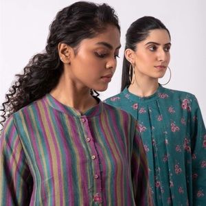 Multi Color Linen Stripe Mandarin Collar Pattern Kaftan 🟣